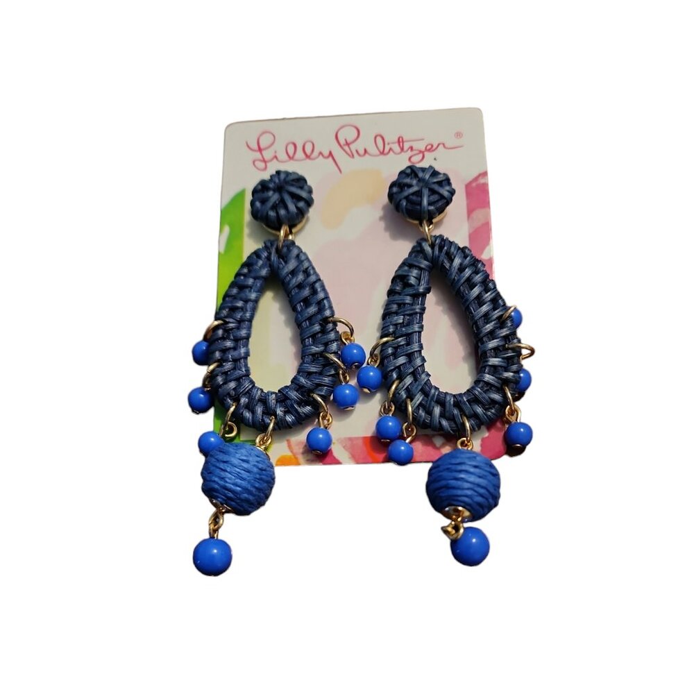 Brand New Original Lilly Pulitzer "Alba" Blue Raffia Pierced Earrings. Unworn